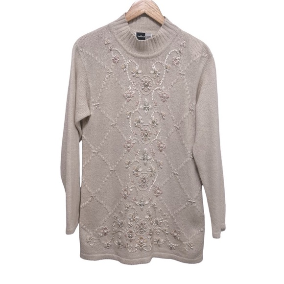 VINTAGE BelldochPopper Mock Neck Silk Blend Pearl Embroidered 3D Knit Sweater M - Picture 1 of 9